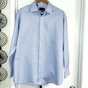 David Donahue Mens Regular Fit Dress Shirt - Blue White Plaid, Size 18 34/35